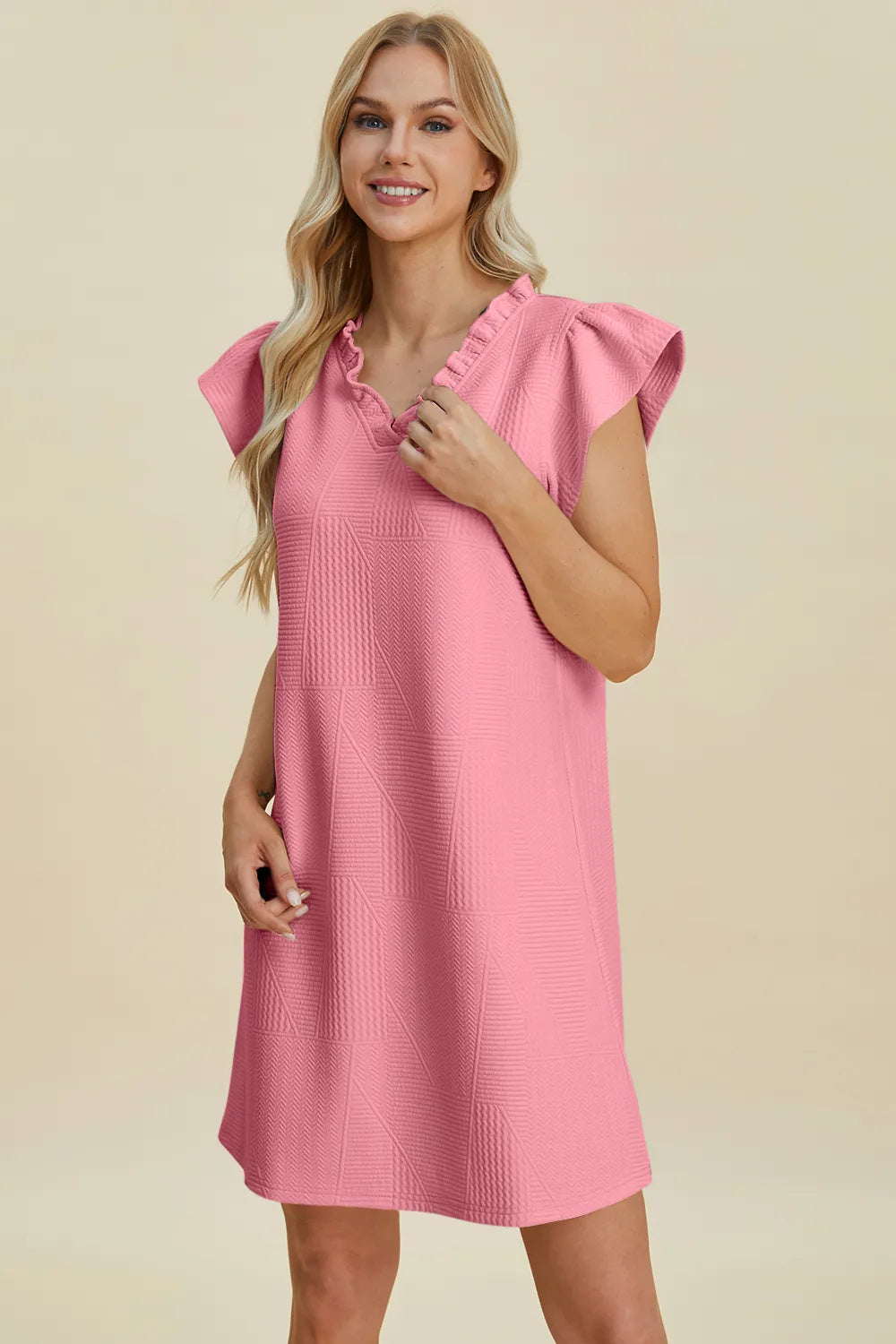 Double Take Full Size Ruffled V-Neck Cap Sleeve Dress