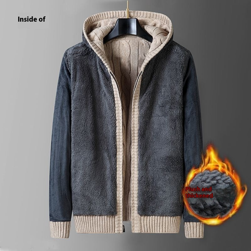 Men's Sweater Coat Loose Hooded Sweater Fleece-lined Thickened