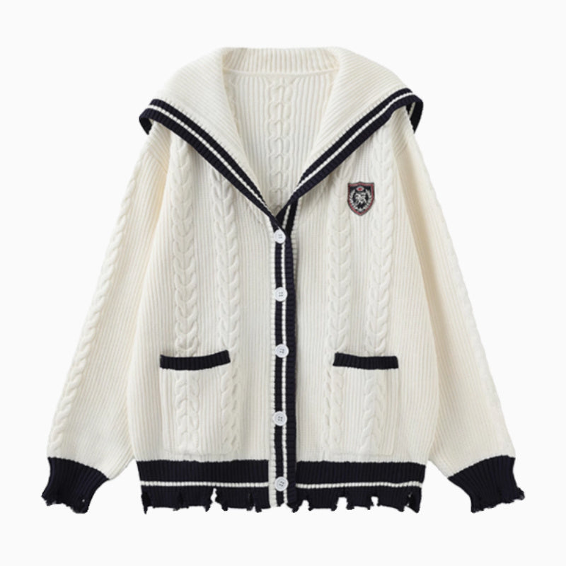 Preppy Insignia Embroidered Loose Ruin Knitted Coat With Raw Edge